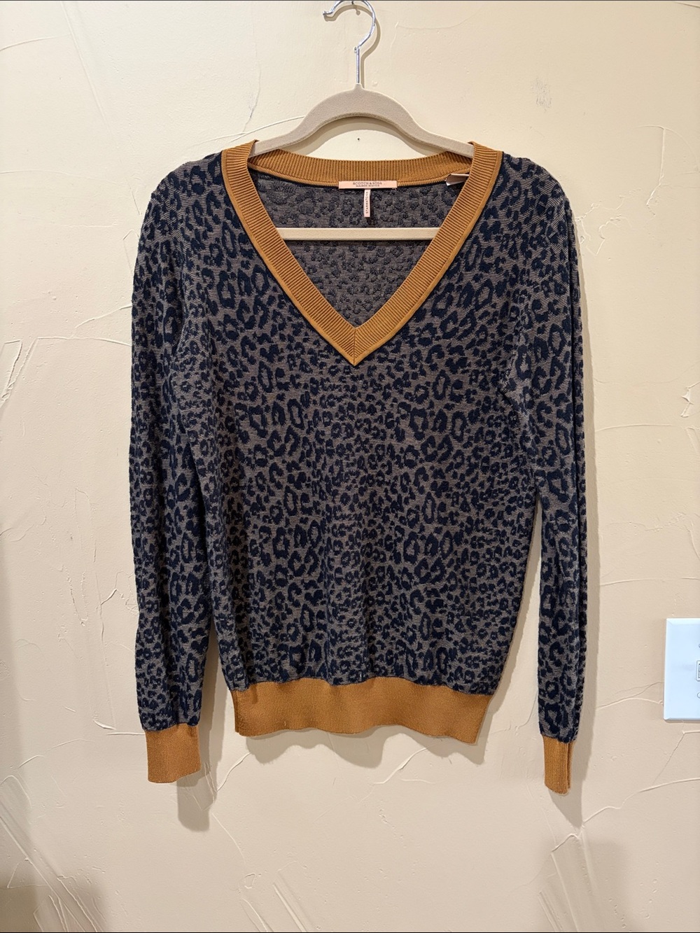 Scotch & Soda Black Leopard V-Neck Sweater with Camel Trim